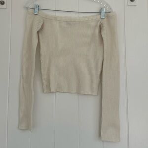 Princess Polly Cream Ribbed Knit Off-Shoulder Top